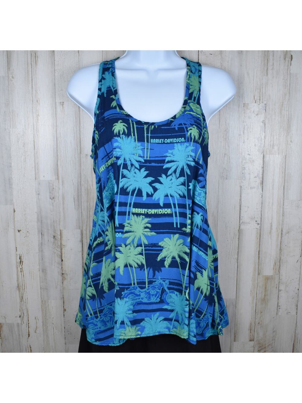 Harley Davidson Women's XS S Tank Top Blue Aloha Hawaiian Tropical Biker Shirt
